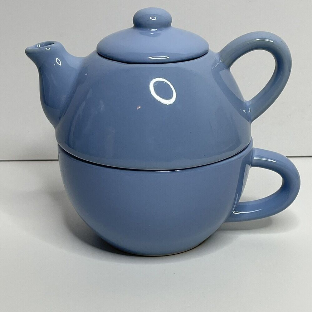 Pier 1 Imports Stoneware Blue Stack-able Teapot & Cup OR‎ Creamer & Sugar